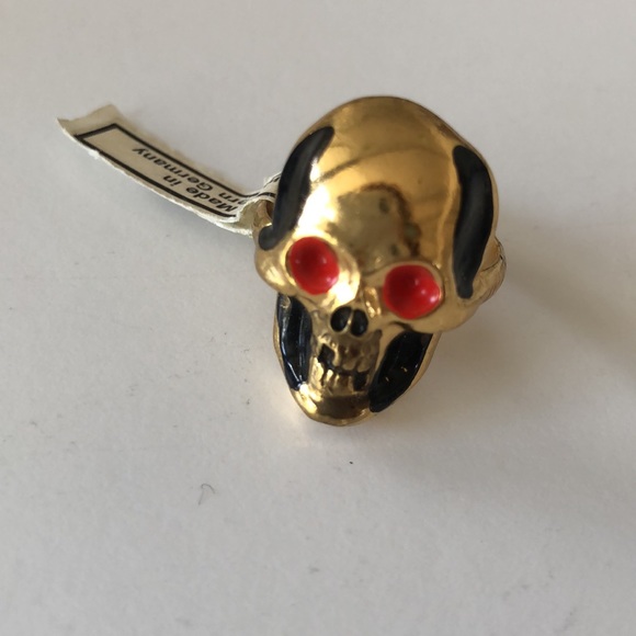Vintage Made in Western Germany Gold Tone Enamel scull Ring w/Tag adjustable - Picture 1 of 10